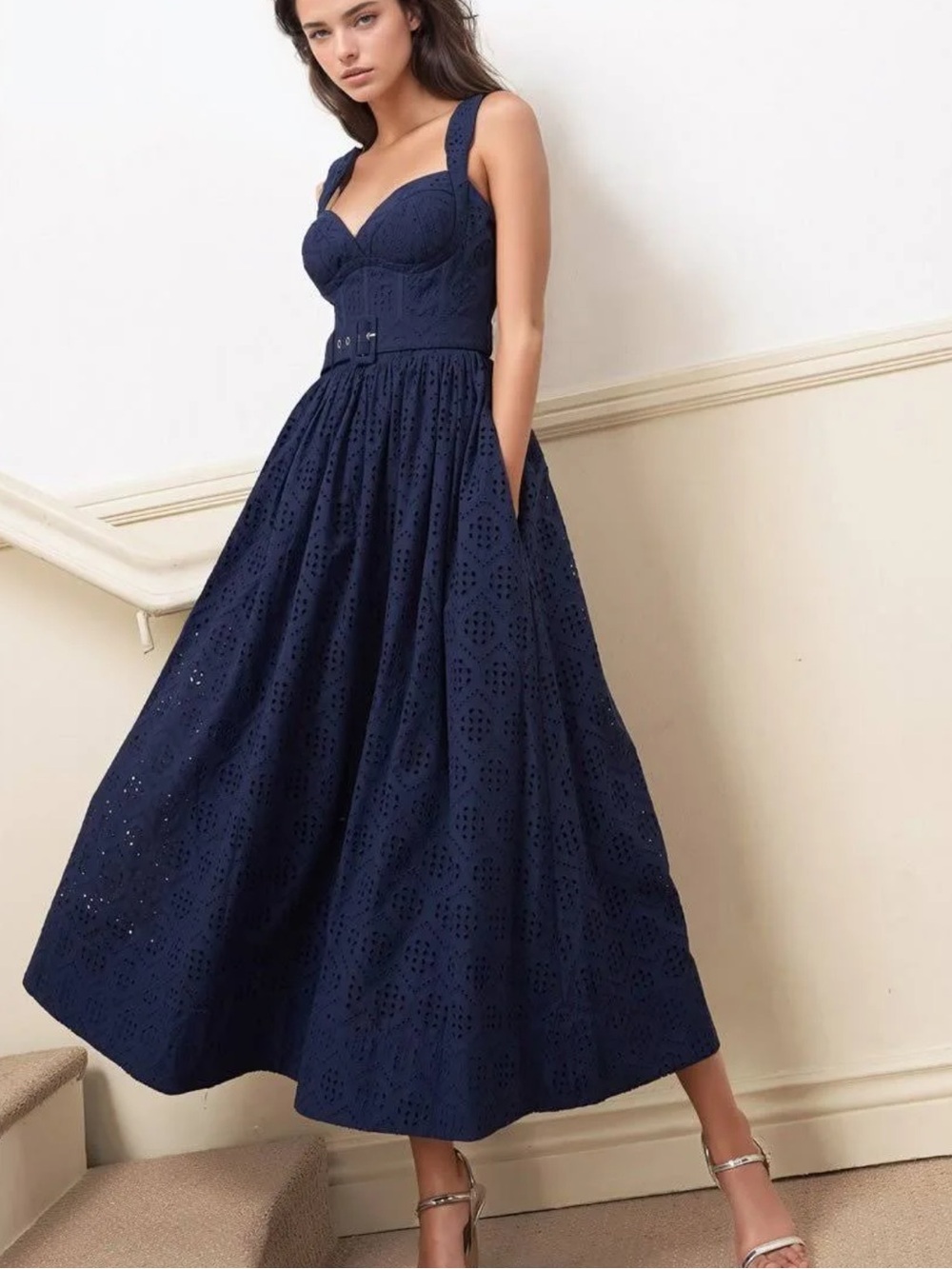 Yum Kim Dress Womens Sz M Shiv corset fit & Flare Navy eyelet Midi Without Belt